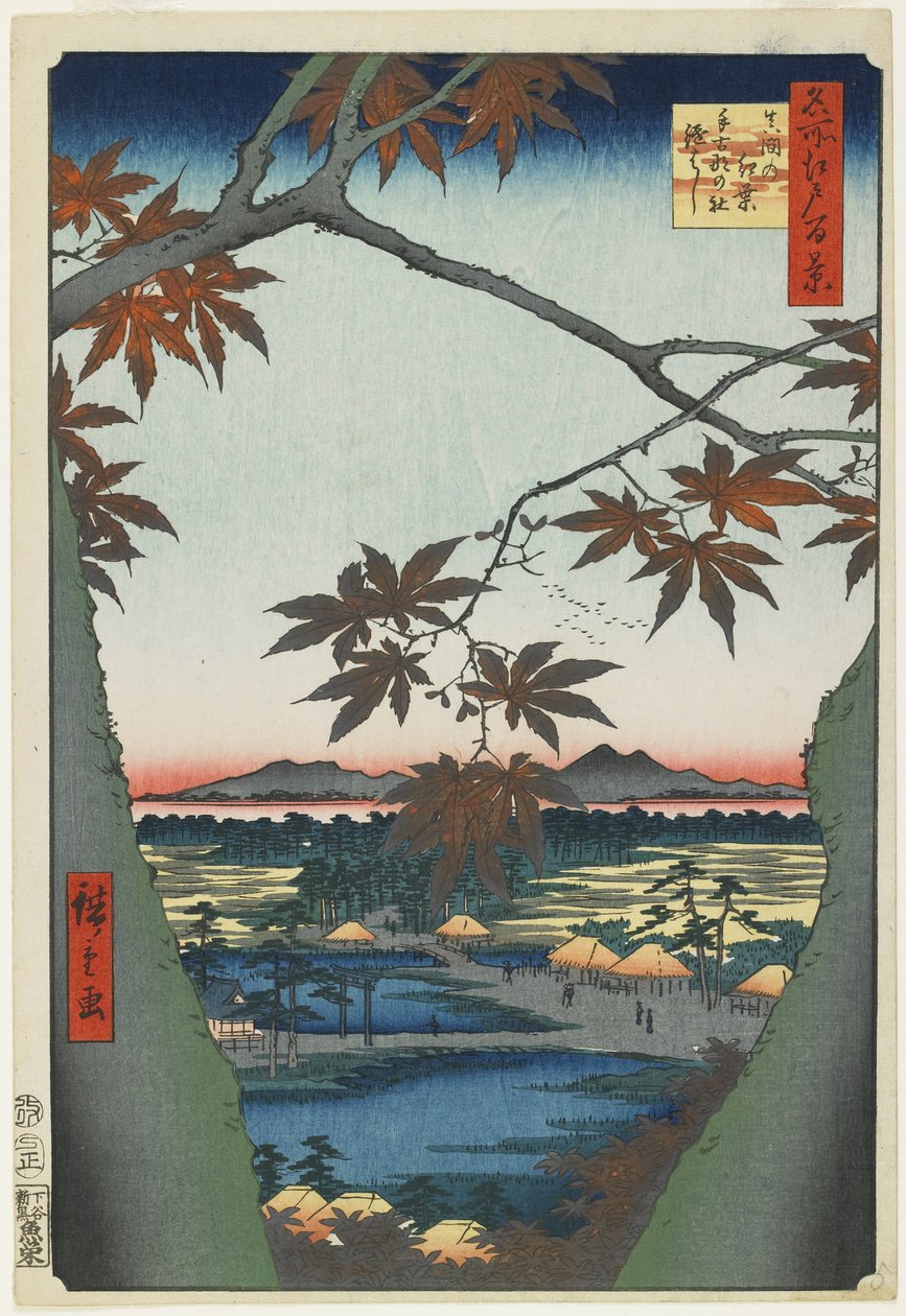 Maman vaahterapuut näköalalla Tekonan pyhäkölle ja sillalle, tammikuu 1857 tekijältä Utagawa Hiroshige