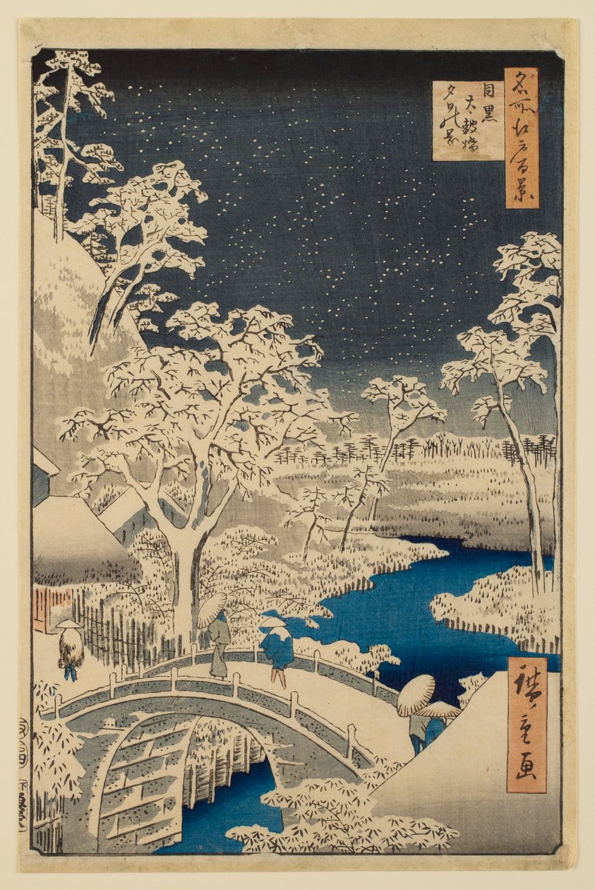 Meguron rumpusilta ja Auringonlaskun kukkula sarjasta "Sata kuuluisaa näkymää Edosta" tekijältä Utagawa Hiroshige