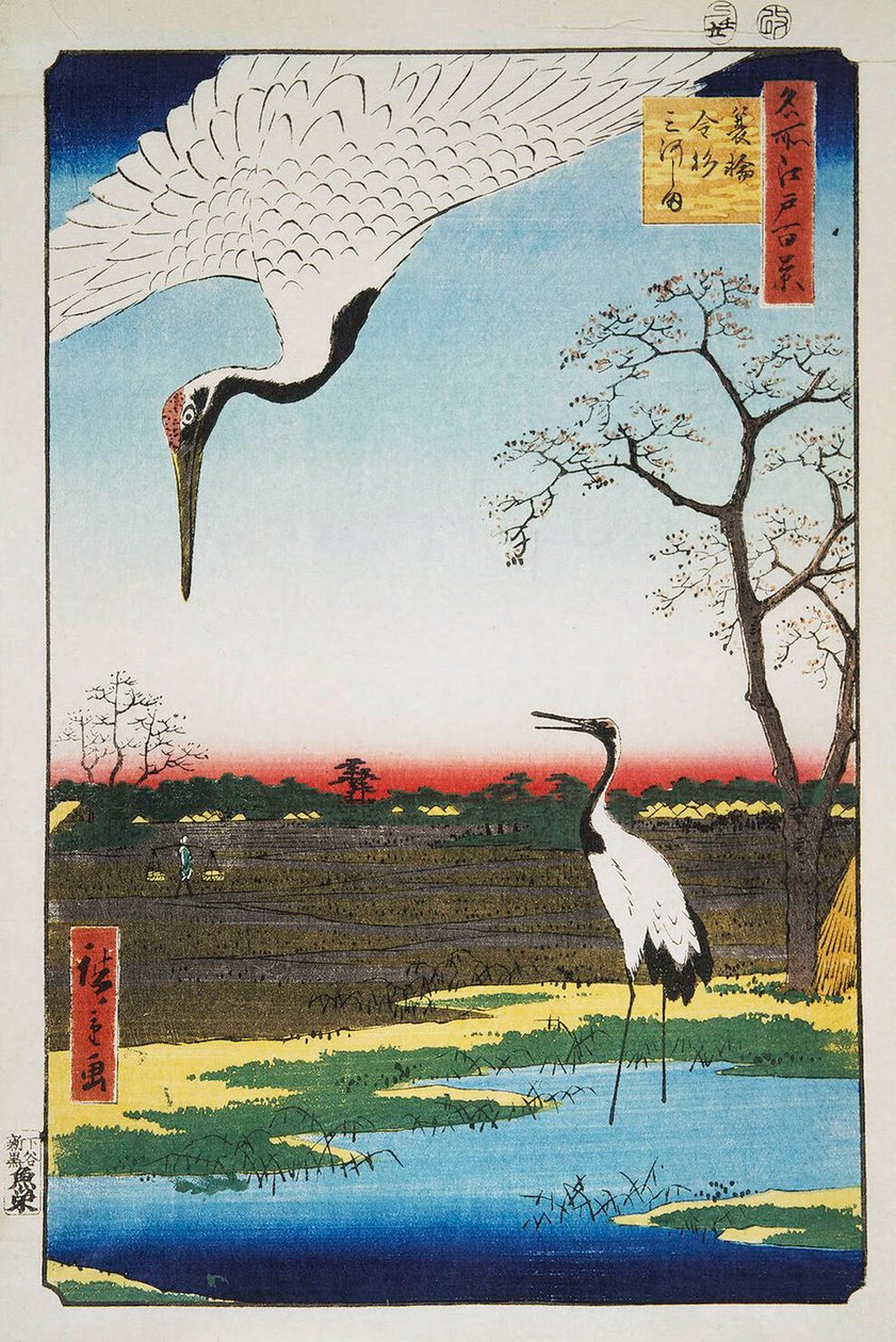 Mikawan saari, Kanasugi ja Minowa Sata kuuluisaa näkymää Edosta, 1856-1 tekijältä Utagawa Hiroshige