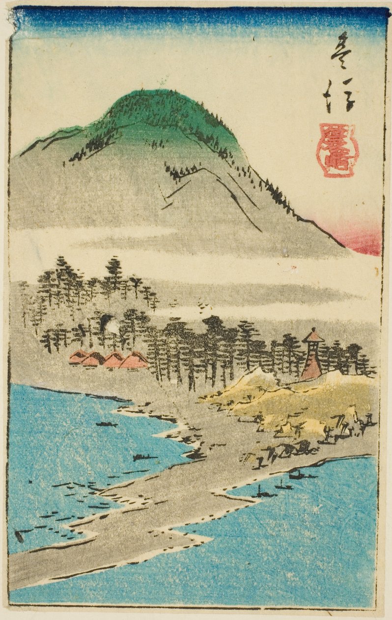 Minosaki Bungon maakunnassa (Bungo, Minosaki), osa arkista nro. 17 sarjasta "Cutout Pictures of the Provinces (Kunizukushi harimaze zue)" tekijältä Utagawa Hiroshige