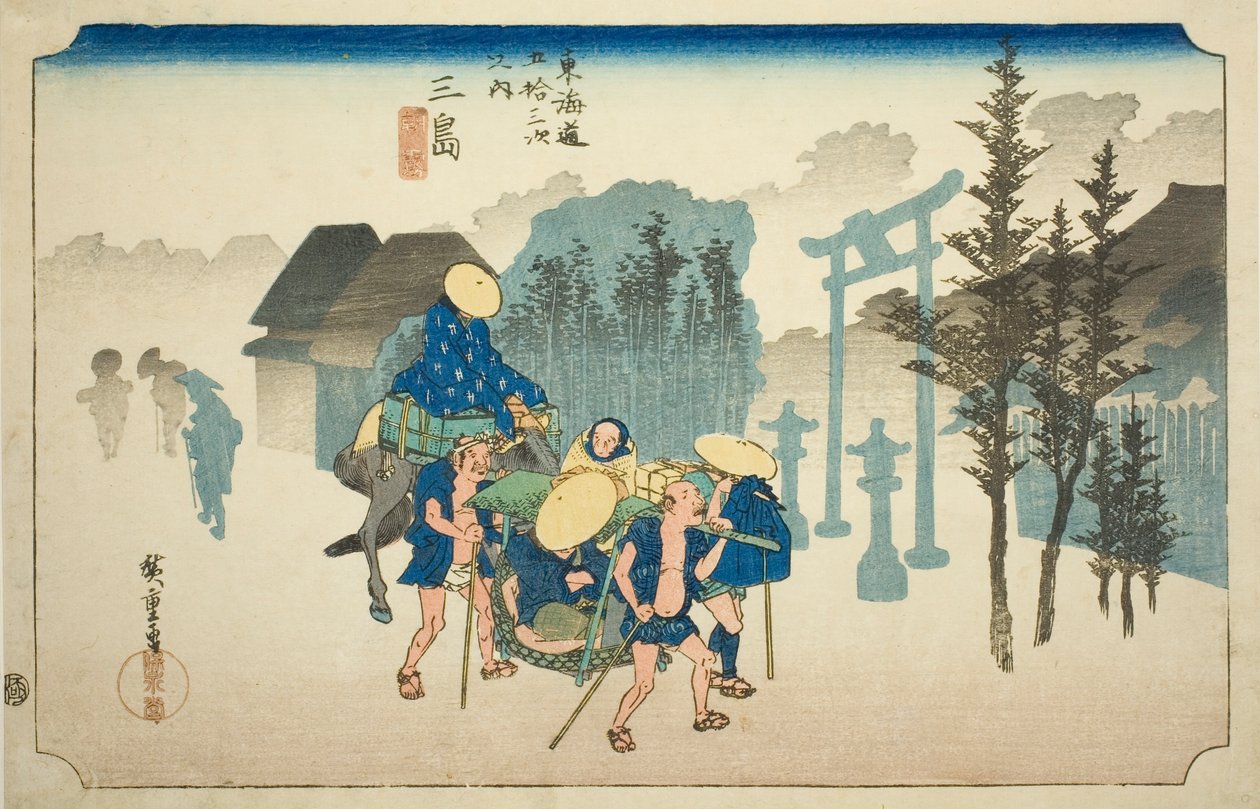 Mishima: Morning Mist (Mishima, asagiri), sarjasta "Fifty-three Stations of the Tokaido Road (Tokaido gojusan tsugi no uchi)", joka tunnetaan myös nimellä Hoeido Tokaido tekijältä Utagawa Hiroshige