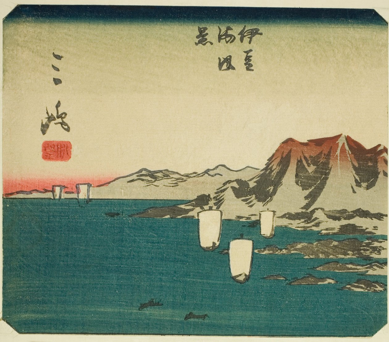 Mishima, osa arkista nro. 3 sarjasta "Cutout Pictures of the Tokaido (Tokaido harimaze zue)" tekijältä Utagawa Hiroshige