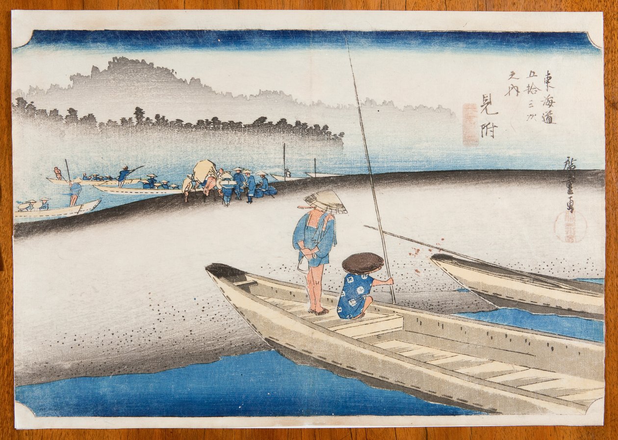 Mitsuke Tenryu-gawa-joen rannalla aamun sumussa / Mitsuke, Tenryu-gawa zu, taulu 29 sarjasta: Tokaido-tien viisikymmentäkolme etappia / Tokaido Gojusan tsugi-no uchi tekijältä Utagawa Hiroshige