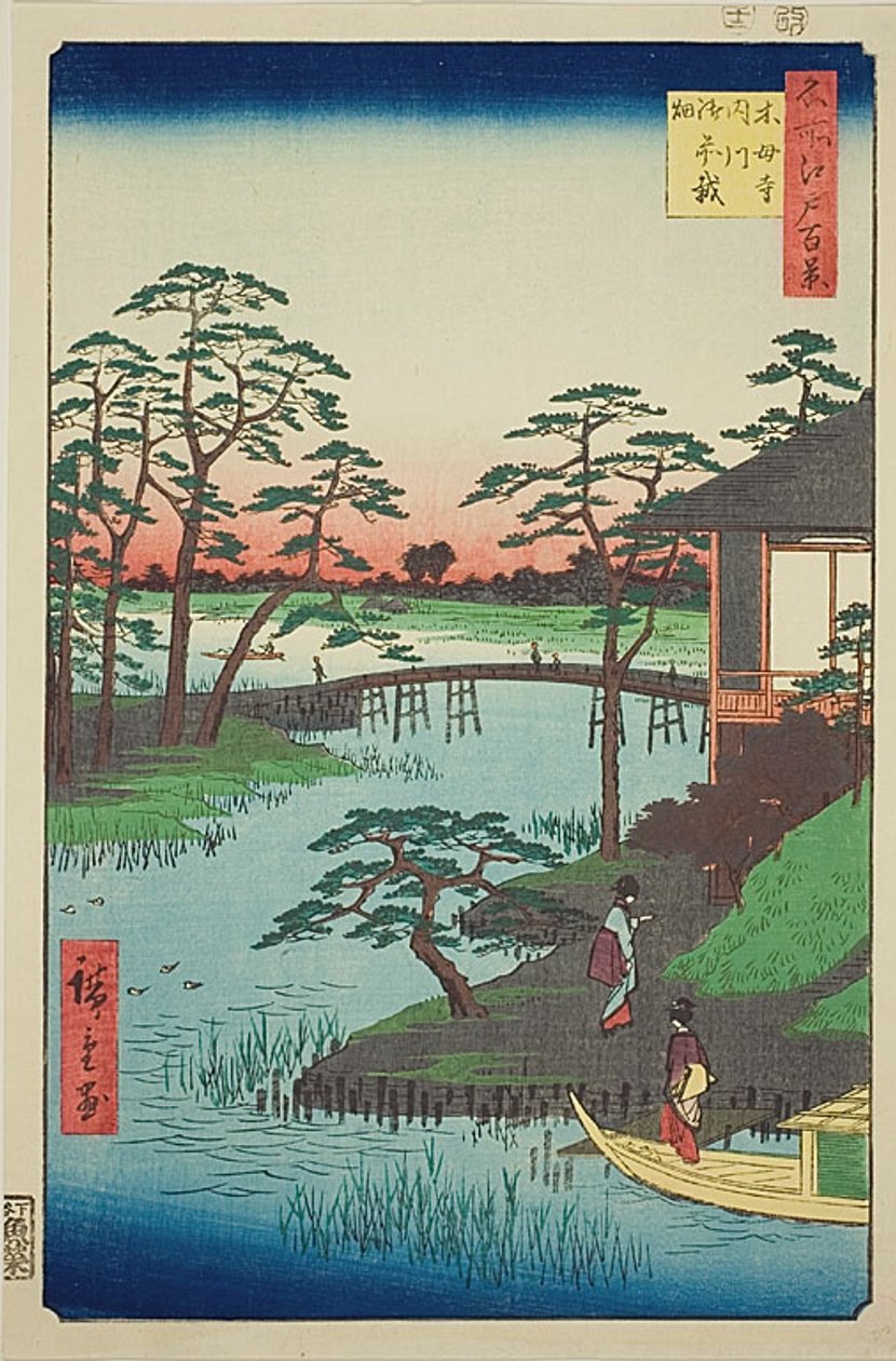 Mokubo-temppeli, Uchigawa-suisto, Gozensaihata (Mokuboji Uchigawa Gozensaihata), nro 92 sarjasta "Sata kuuluisaa näkymää Edosta (Meisho Edo hyakkei)". tekijältä Utagawa Hiroshige