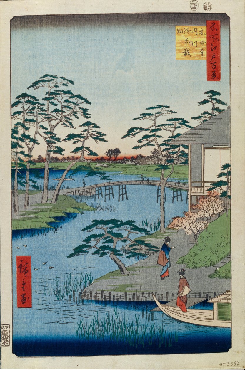 Mokuboji-temppeli ja vihannespellot Uchigawa Inletissä Sata kuuluisaa näkymää Edosta, 1856-1858 tekijältä Utagawa Hiroshige