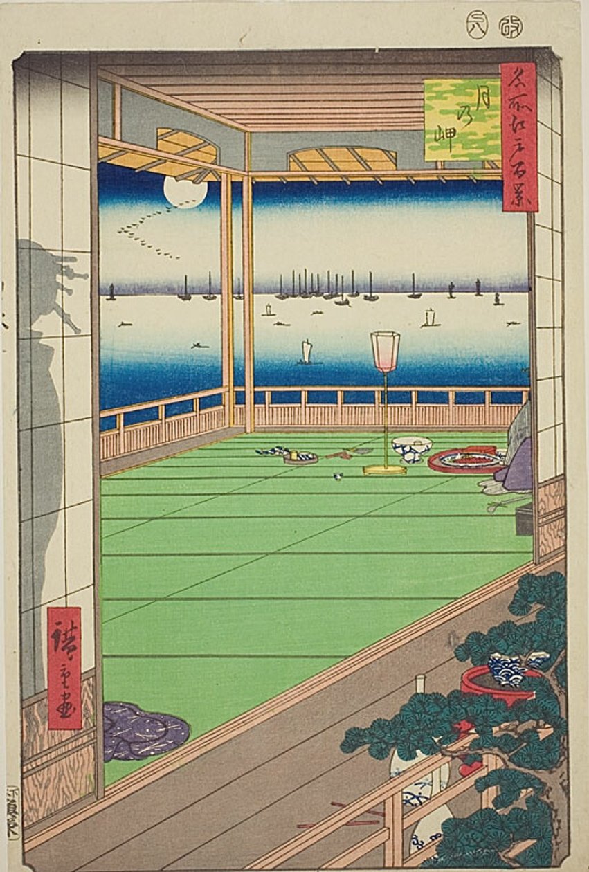 Kuun näköalapaikka (Tsuki no misaki), nro 82 sarjasta "Sata kuuluisaa näkymää Edosta (Meisho Edo hyakkei)". tekijältä Utagawa Hiroshige