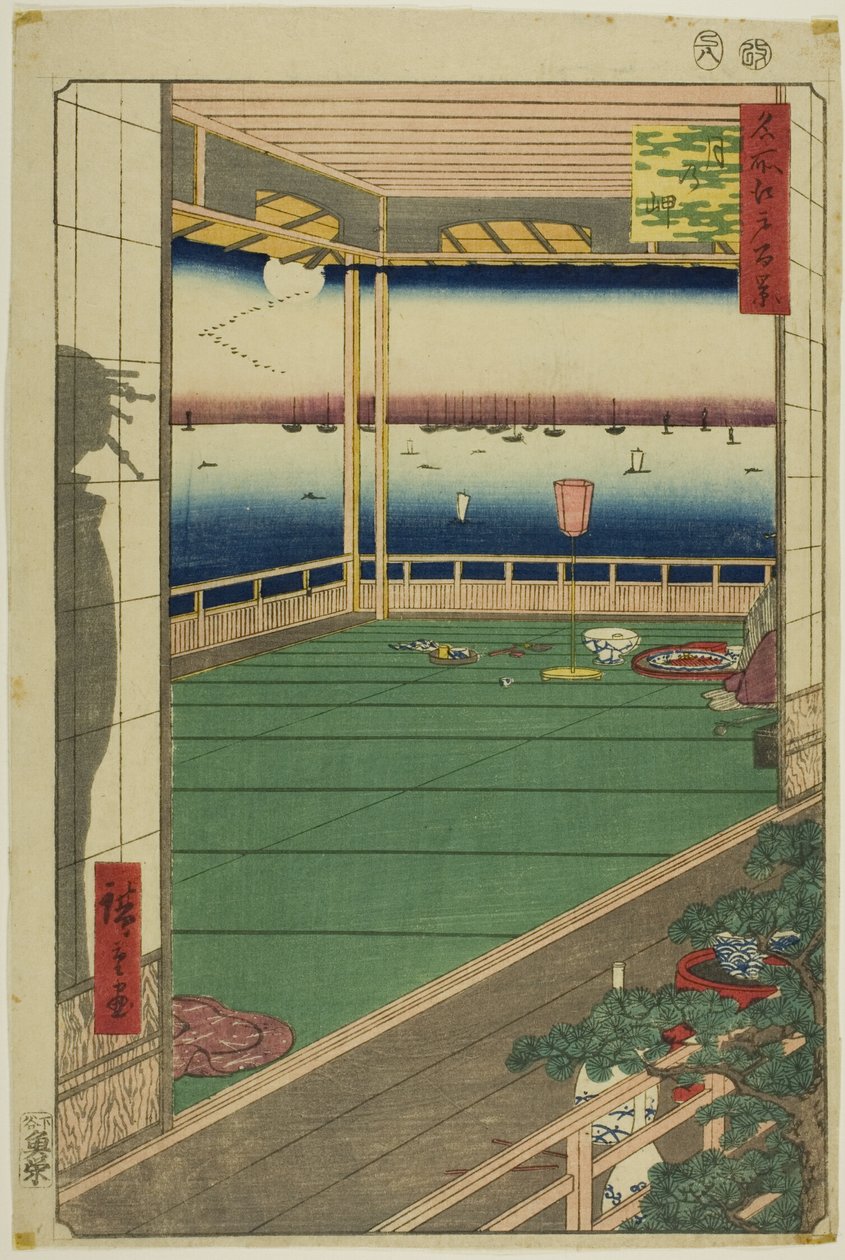 Kuun näköalapaikka (Tsuki no misaki), sarjasta "Sata kuuluisaa näkymää Edosta (Meisho Edo hyakkei)". tekijältä Utagawa Hiroshige