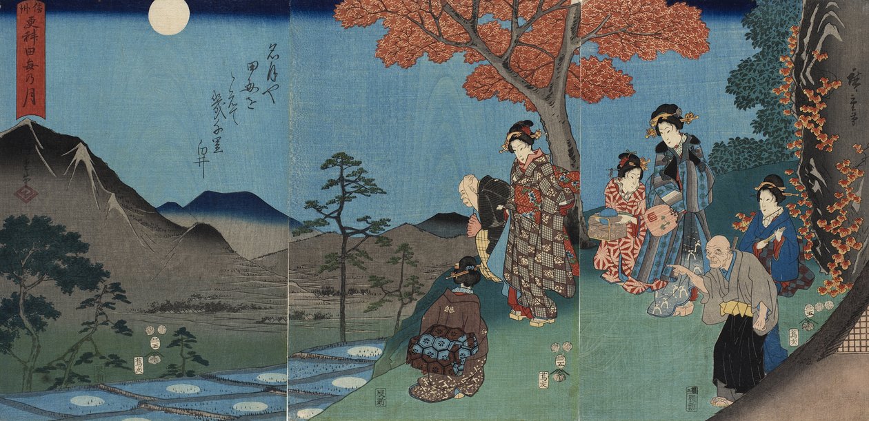 Kuu heijastuu Sarashinan riisipelloista Shinanon maakunnassa tekijältä Utagawa Hiroshige