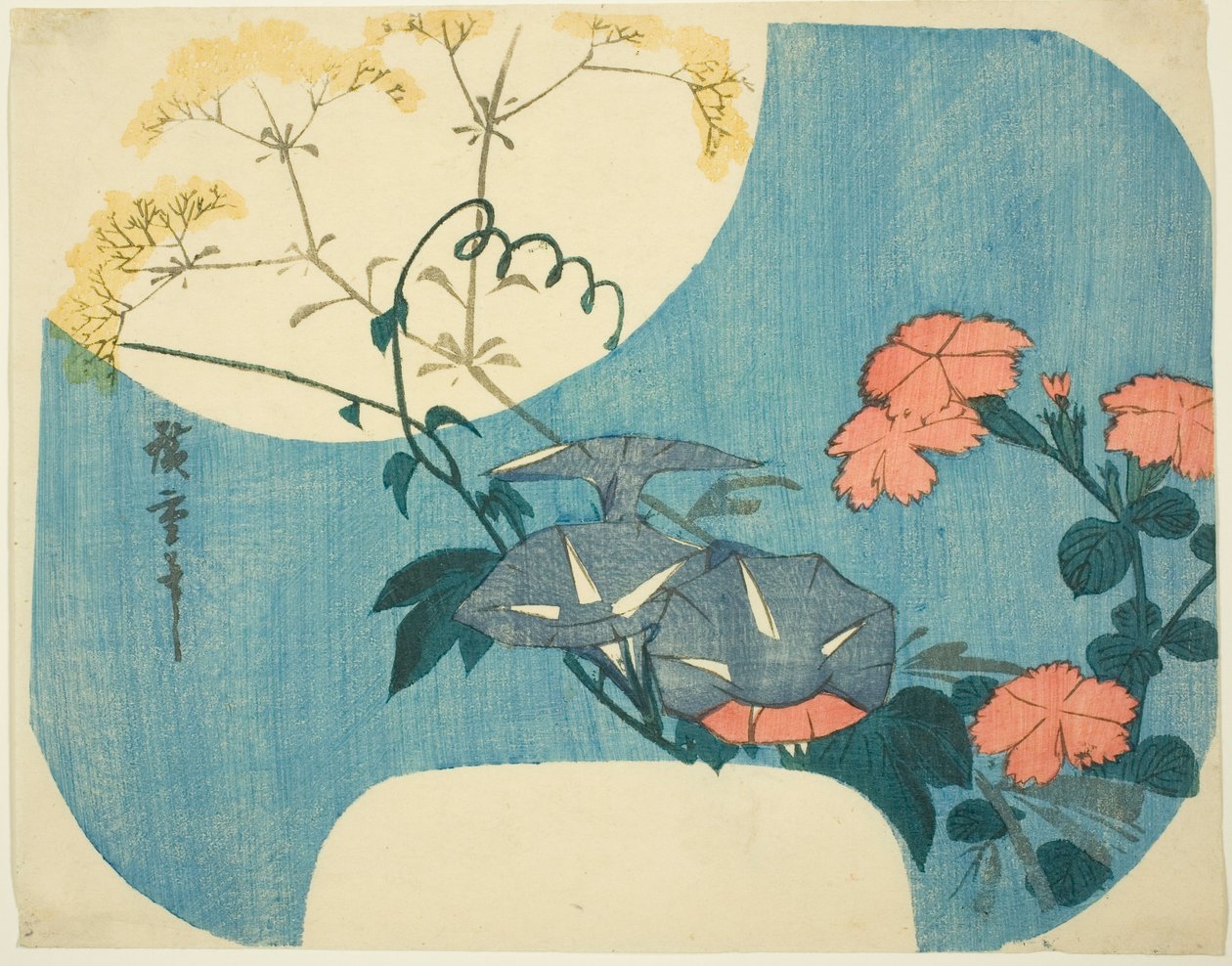 Morning Glories, Pinks ja Maiden Flower sarjasta "Seitsemän syksyn kukkaa kuutamossa" tekijältä Utagawa Hiroshige