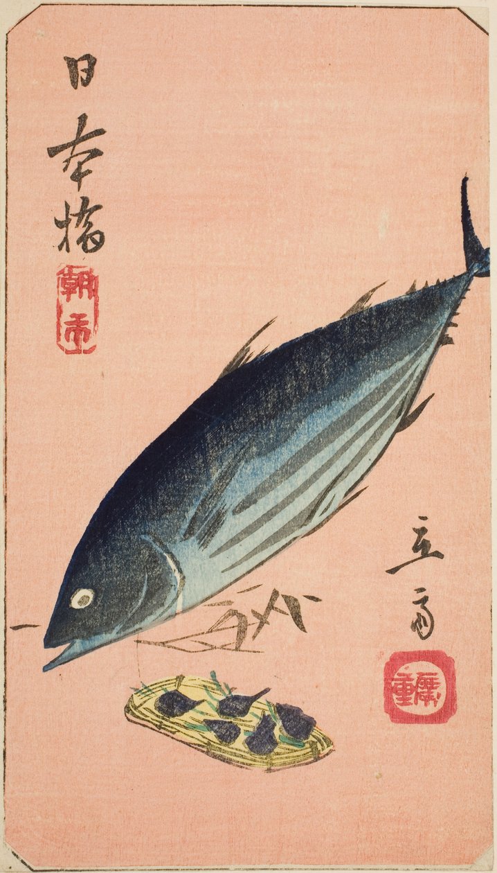Morning Market at Nihon Bridge (Nihonbashi, asaichi), section of a sheet from the series "Cutouts of Famous Places in Edo (Harimaze Koto meisho)" tekijältä Utagawa Hiroshige