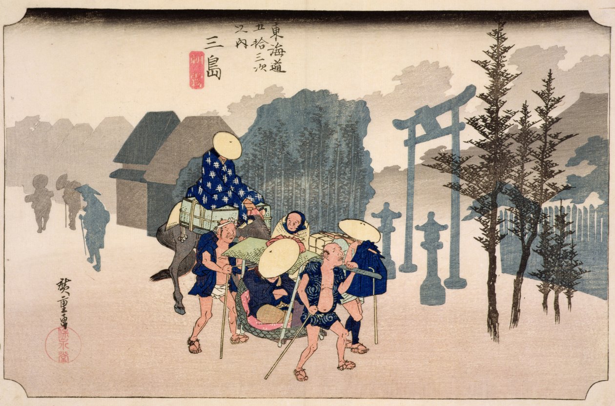 Morning Mist at Mishima, sarjasta "53 Stations on the Eastern Coast Road", 1833 (puupainatus) tekijältä Utagawa Hiroshige