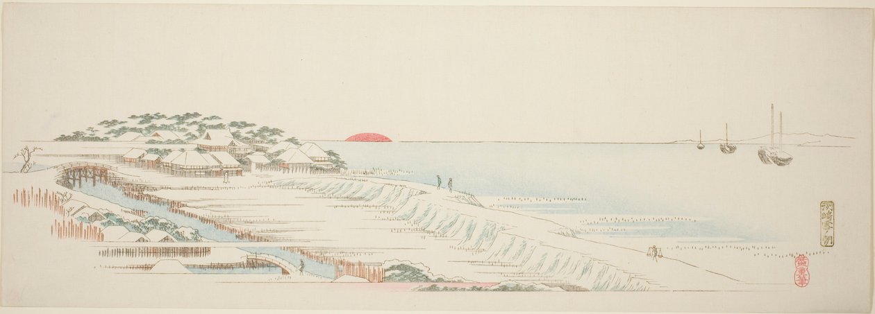 Aamulunta Susakissa (Susaki yuki no asa), sarjasta "Kolmetoista näkymää Edon ympäristöstä" tekijältä Utagawa Hiroshige