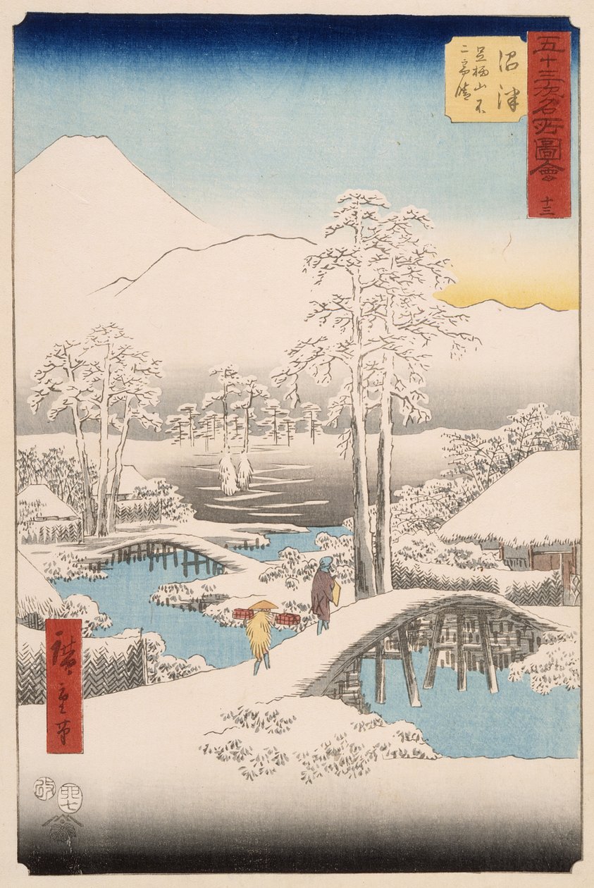 Fuji-vuori ja Ashigara-vuori Numazusta katsottuna kirkkaalla säällä lumisateen jälkeen tekijältä Utagawa Hiroshige