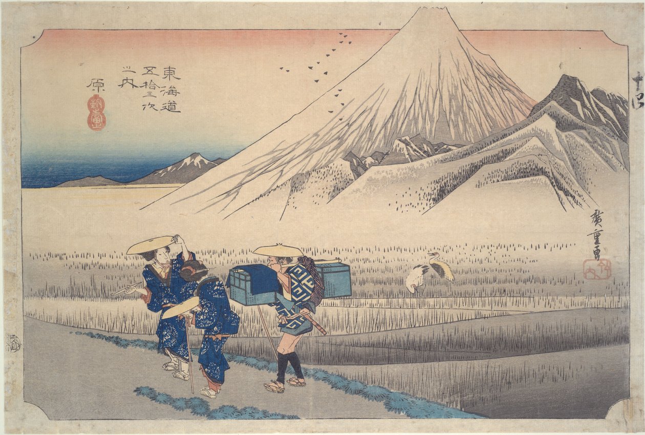 Fuji-vuori aamulla Hara-asemalla, sarjasta ”Tōkaidōn 53 asemaa” tekijältä Utagawa Hiroshige