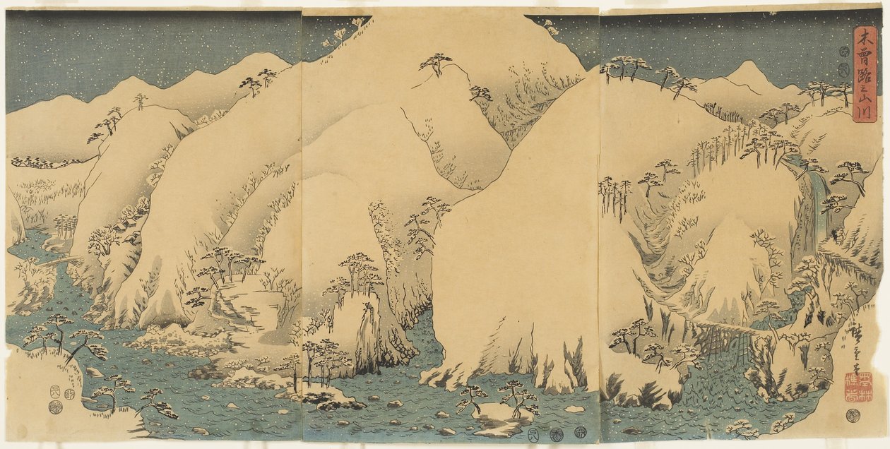 Vuori ja joki Kiso Passissa, elokuu 1857 tekijältä Utagawa Hiroshige