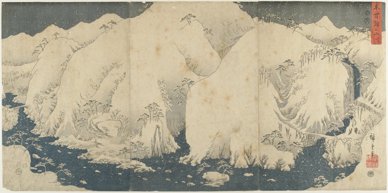 Vuori ja joki Kiso Passissa, elokuu 1857 tekijältä Utagawa Hiroshige