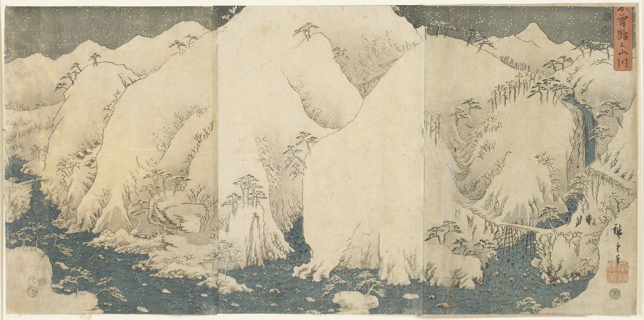 Vuori ja joki Kiso Passissa, elokuu 1857 tekijältä Utagawa Hiroshige