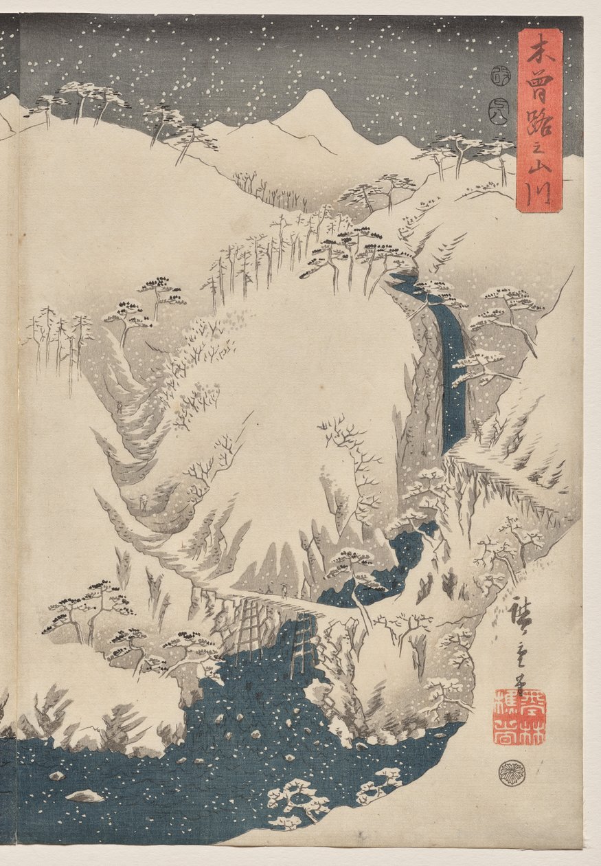 Vuori ja joki Kiso Roadilla tekijältä Utagawa Hiroshige