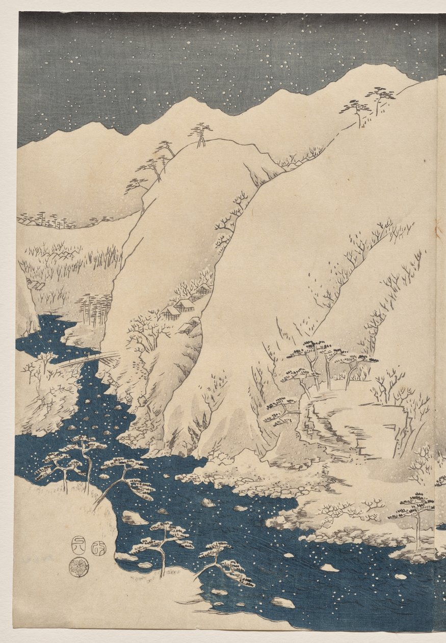 Vuori ja joki Kiso Roadilla tekijältä Utagawa Hiroshige