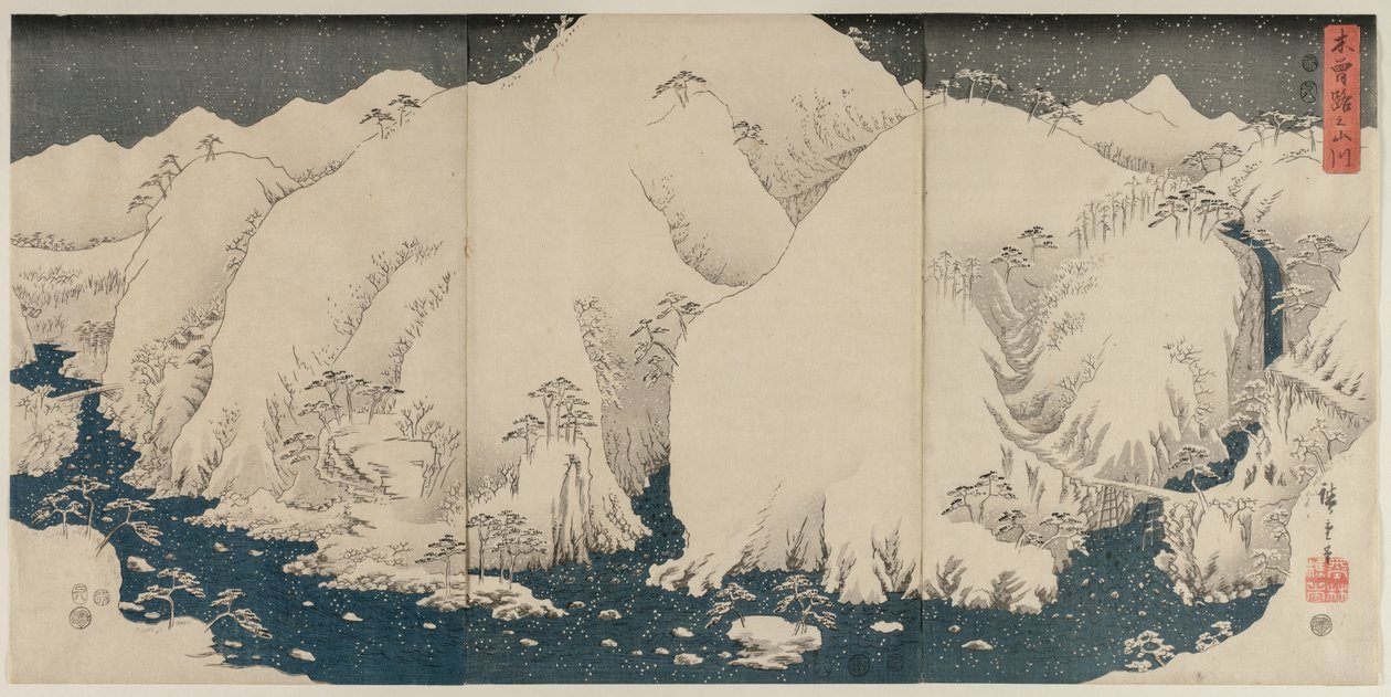 Vuori ja joki Kiso-tiellä tekijältä Utagawa Hiroshige