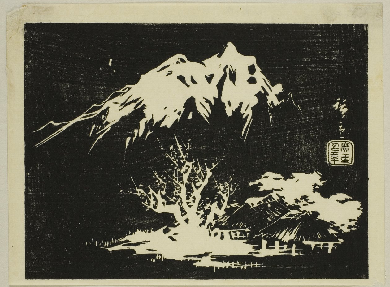 Vuoristomaisema, osa nimettömästä harimaze-printistä tekijältä Utagawa Hiroshige