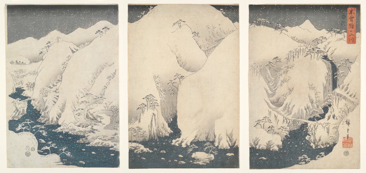 Vuoria ja jokia Kison valtatien varrella lumen alla tekijältä Utagawa Hiroshige