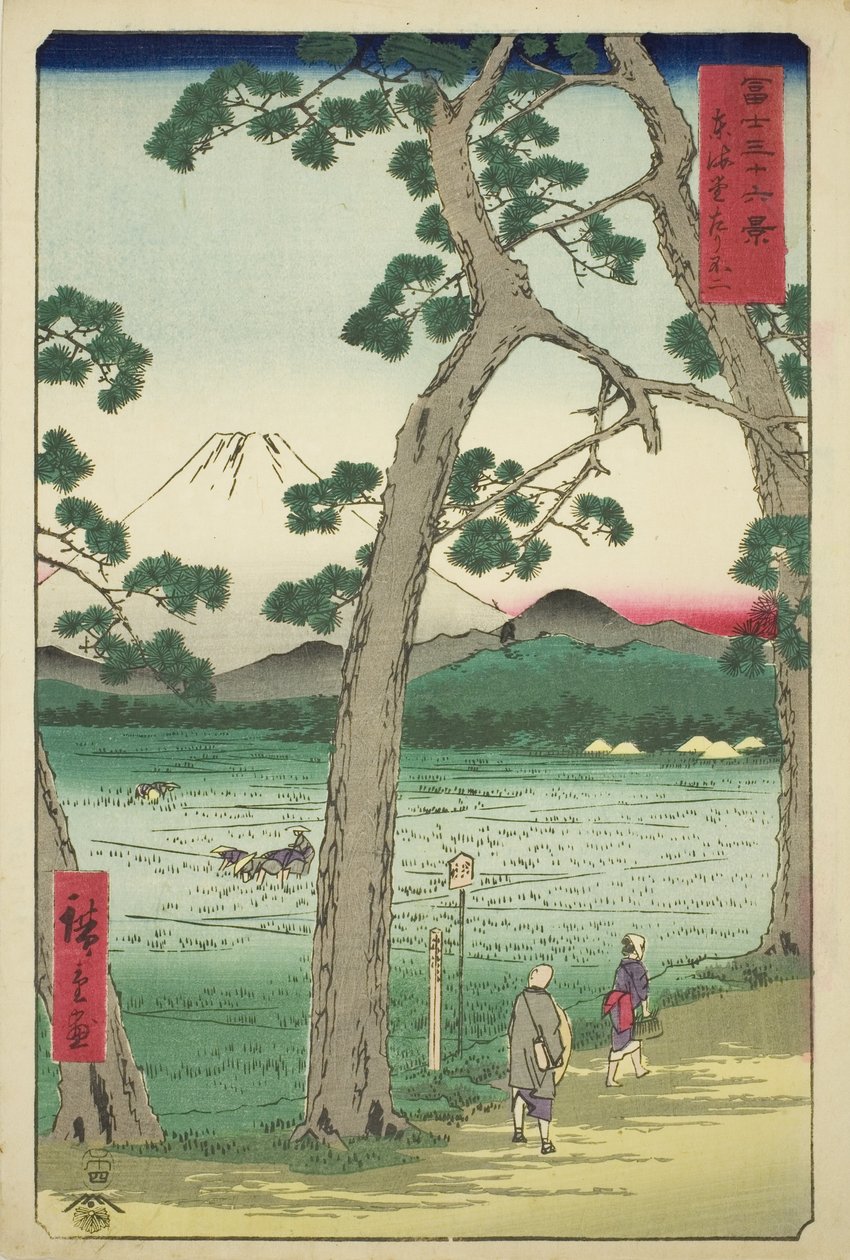 Mout Fuji nähtynä vasemmalta Tokaidolla (Tokaido hidari Fuji), sarjasta "Kolmekymmentäkuusi näkymää Fuji-vuorelle (Fuji sanjurokkei)" tekijältä Utagawa Hiroshige