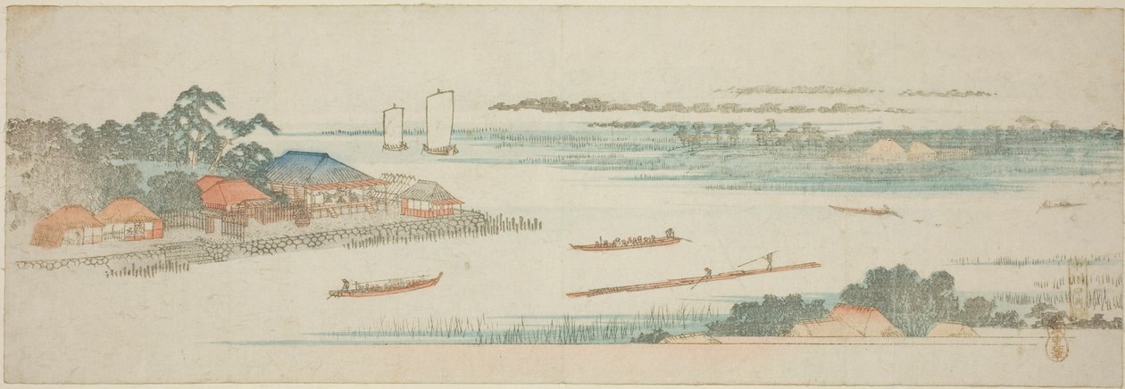 Naka-joen suu (Nakagawa guchi no zu), nimettömästä sarjasta kuuluisia näkymiä Edon esikaupunkialueille tekijältä Utagawa Hiroshige