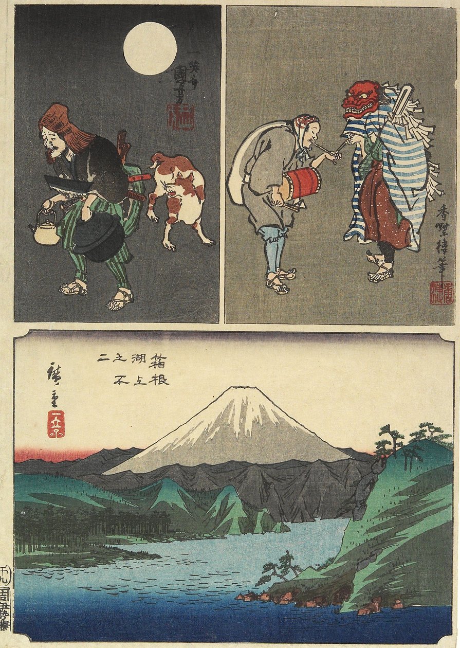 Fuji-vuori nähty järven yllä Hakonessa ja 2 muuta kuvaa, syyskuu 1858 tekijältä Utagawa Hiroshige