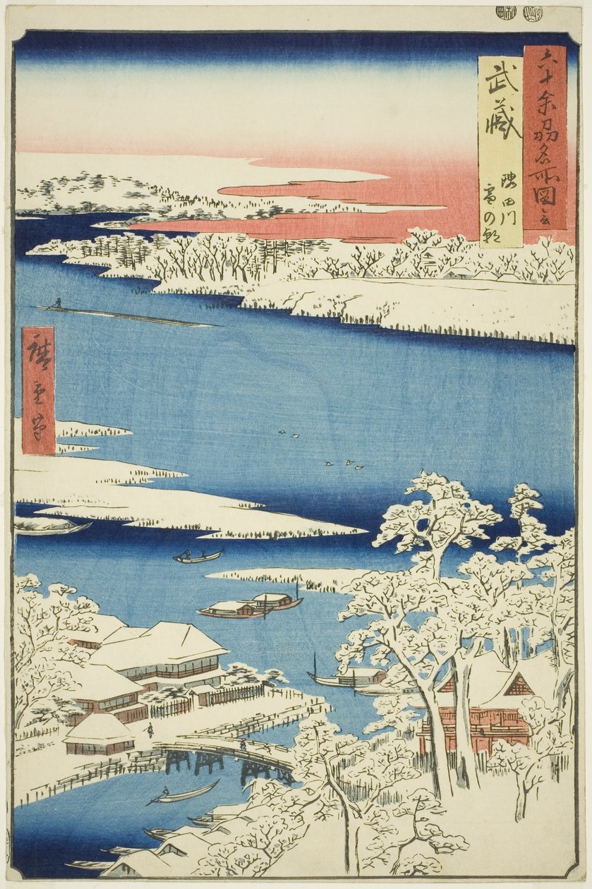 Musashin maakunta: Aamu lumen jälkeen Sumida-joella (Musashi, Sumidagawa yuki no ashita), sarjasta "Famous Places in the Sixty-odd Provinces (Rokujuyoshu meisho zue)" tekijältä Utagawa Hiroshige