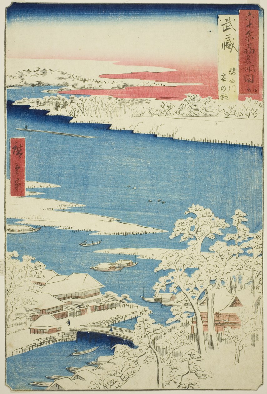 Musashin maakunta: Aamu lumen jälkeen Sumida-joella (Musashi, Sumidagawa yuki no ashita), sarjasta "Famous Places in the Sixty-odd Provinces (Rokujuyoshu meisho zue)" tekijältä Utagawa Hiroshige