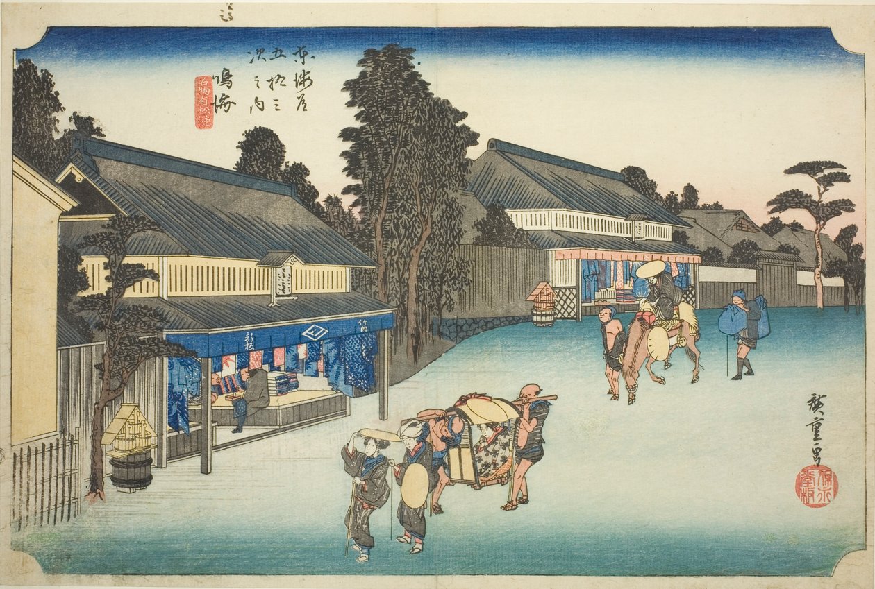 Narumi: Kuuluisia solmiovärjättyjä Arimatsu-kankaita (Narumi, meibutsu Arimatsu shibori), sarjasta "Fifty-three Stations of the Tokaido (Tokaido gojusan tsugi no uchi)," tunnetaan myös nimellä Hoeido Tokaido tekijältä Utagawa Hiroshige