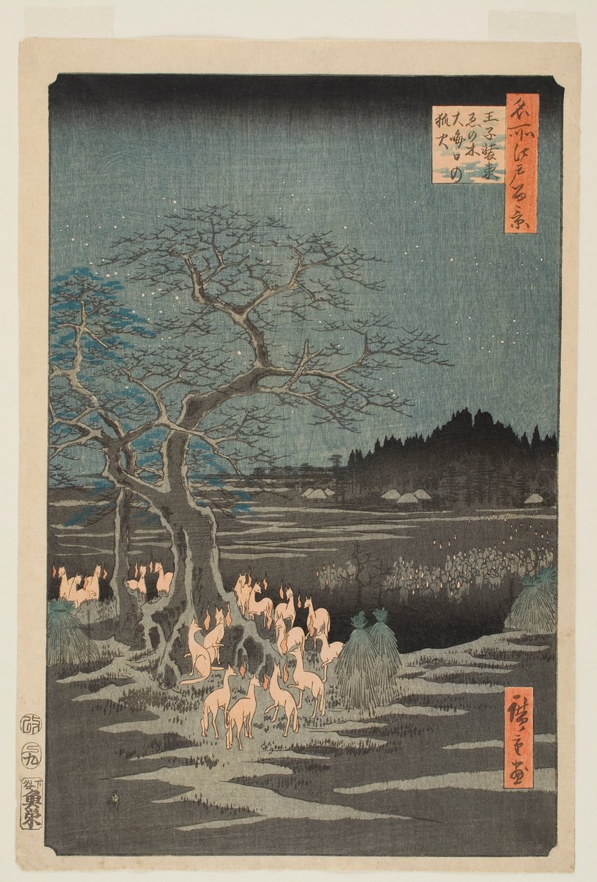 Uudenvuoden aattona Changing Tree -puun luona Ōjissa näkyvät kettuvalot, sarjasta ”Edon sata kuuluisaa näkymää” tekijältä Utagawa Hiroshige