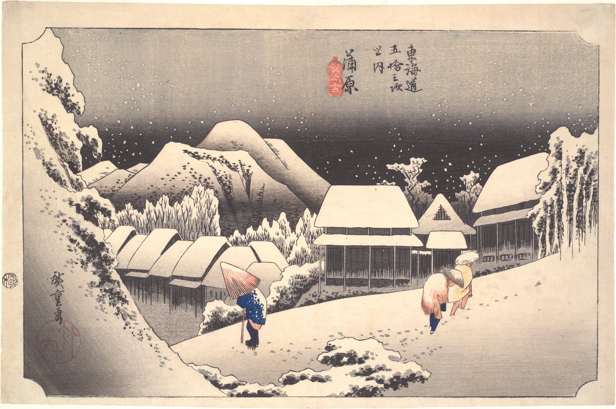 Yön lumisade Kambarassa: Tokaidon viisikymmentäkolme asemaa tekijältä Utagawa Hiroshige
