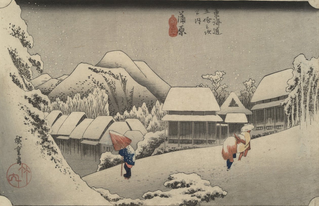 Yöllinen lumisade Kanbarassa, sarjasta Tōkaidōn viisikymmentäkolme asemaa tekijältä Utagawa Hiroshige