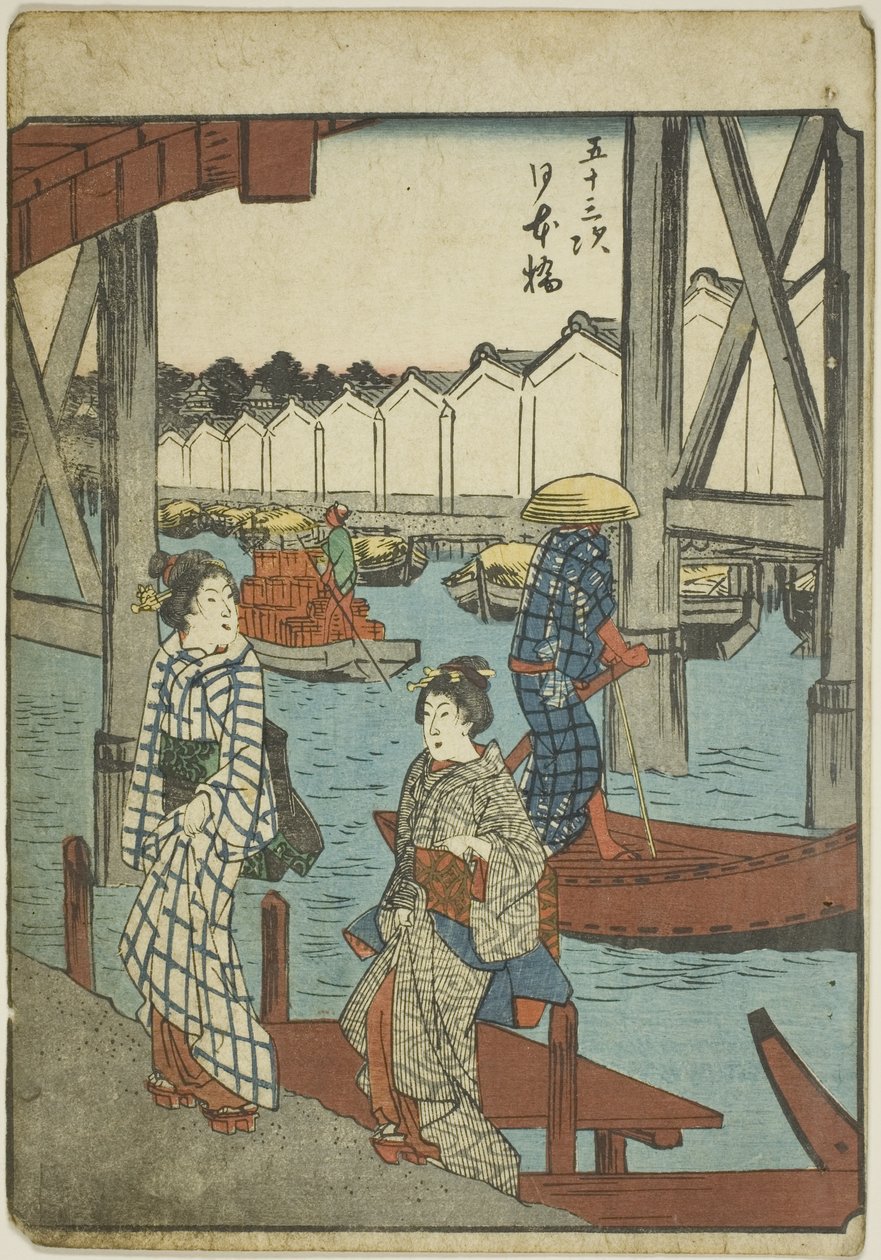 Japan B Ridge (Nihonbashi), sarjasta "Fifty-three S tachi sound" "Of te urbanity" (Goshuyama seuraava), Figure Urbanity (Person Urbanity) tekijältä Utagawa Hiroshige