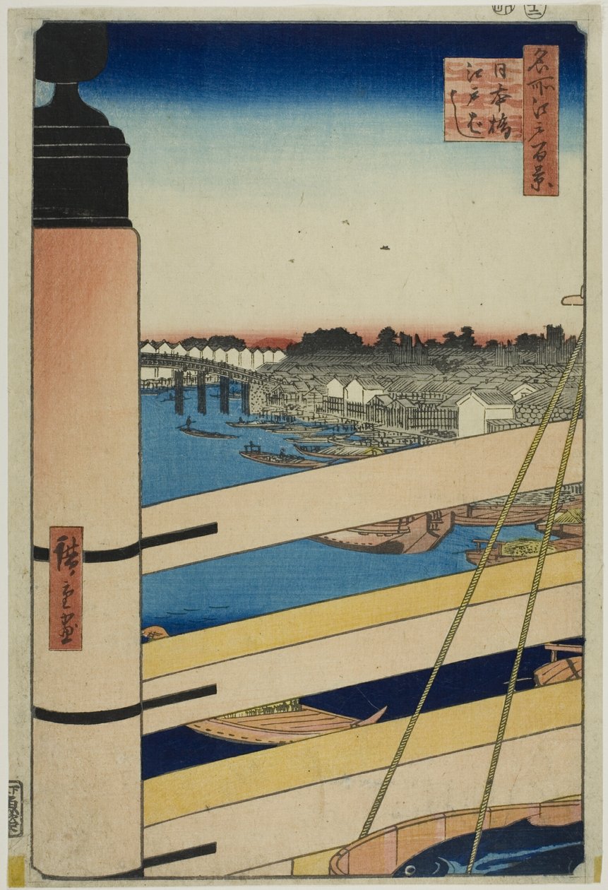 Nihon silta ja Edon silta (Nihonbashi, Edobashi), sarjasta "Sata kuuluisaa näkymää Edosta (Meisho Edo hyakkei)". tekijältä Utagawa Hiroshige