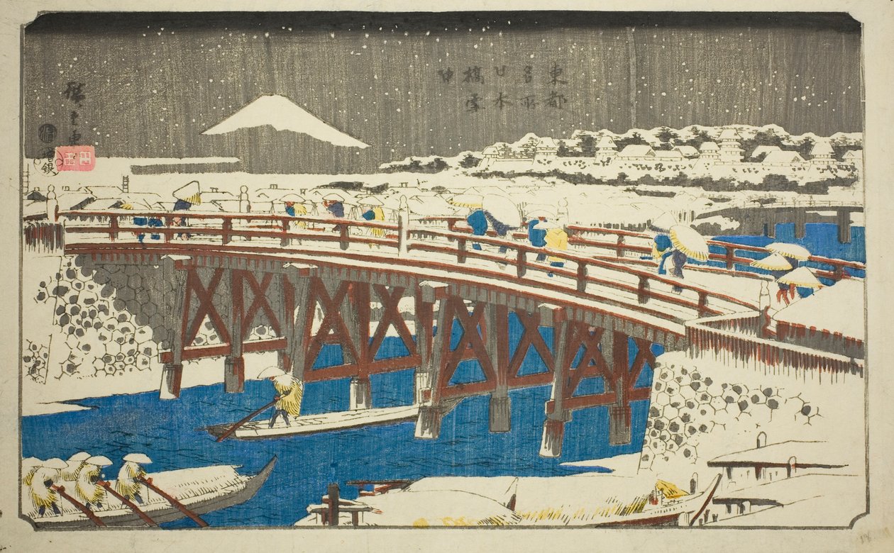 Nihon Bridge in Snow (Nihonbashi setchu), sarjasta "Famous Places in the Eastern Capital (Toto meisho)" tekijältä Utagawa Hiroshige