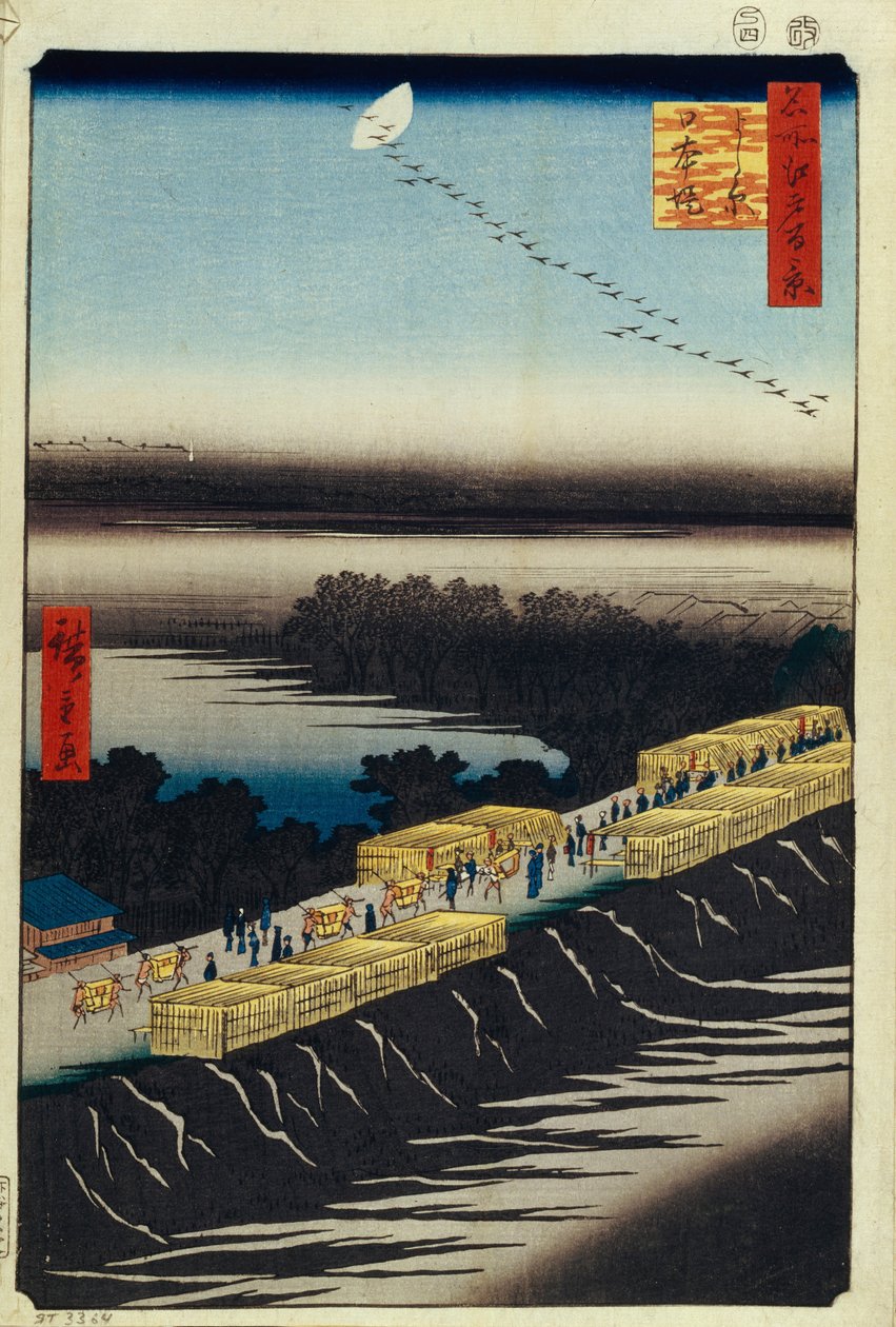 Nihon Embankment ja Yoshiwara Sata kuuluisaa näkymää Edosta, 1856-1858 tekijältä Utagawa Hiroshige