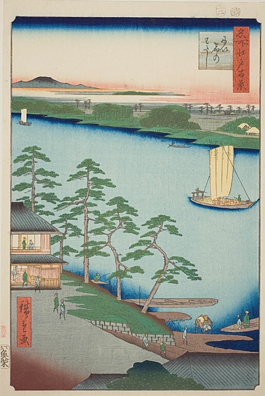 Niijukun lautta (Niijuku no watashi), nro 93 sarjasta "Sata kuuluisaa näkymää Edosta (Meisho Edo hyakkei)". tekijältä Utagawa Hiroshige