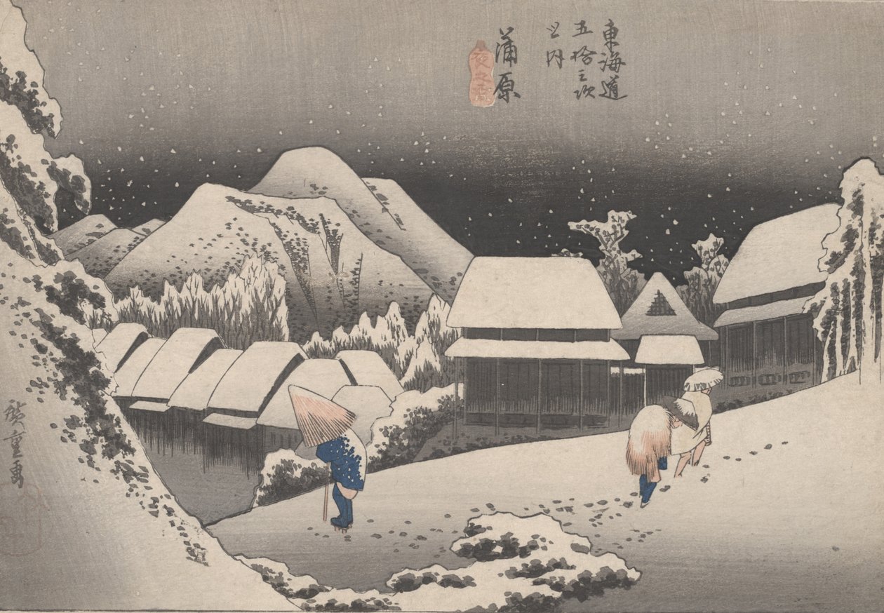 Nro 16 "Yön lumi" Tokaidon 53 asemalta, n. 1833 tekijältä Utagawa Hiroshige