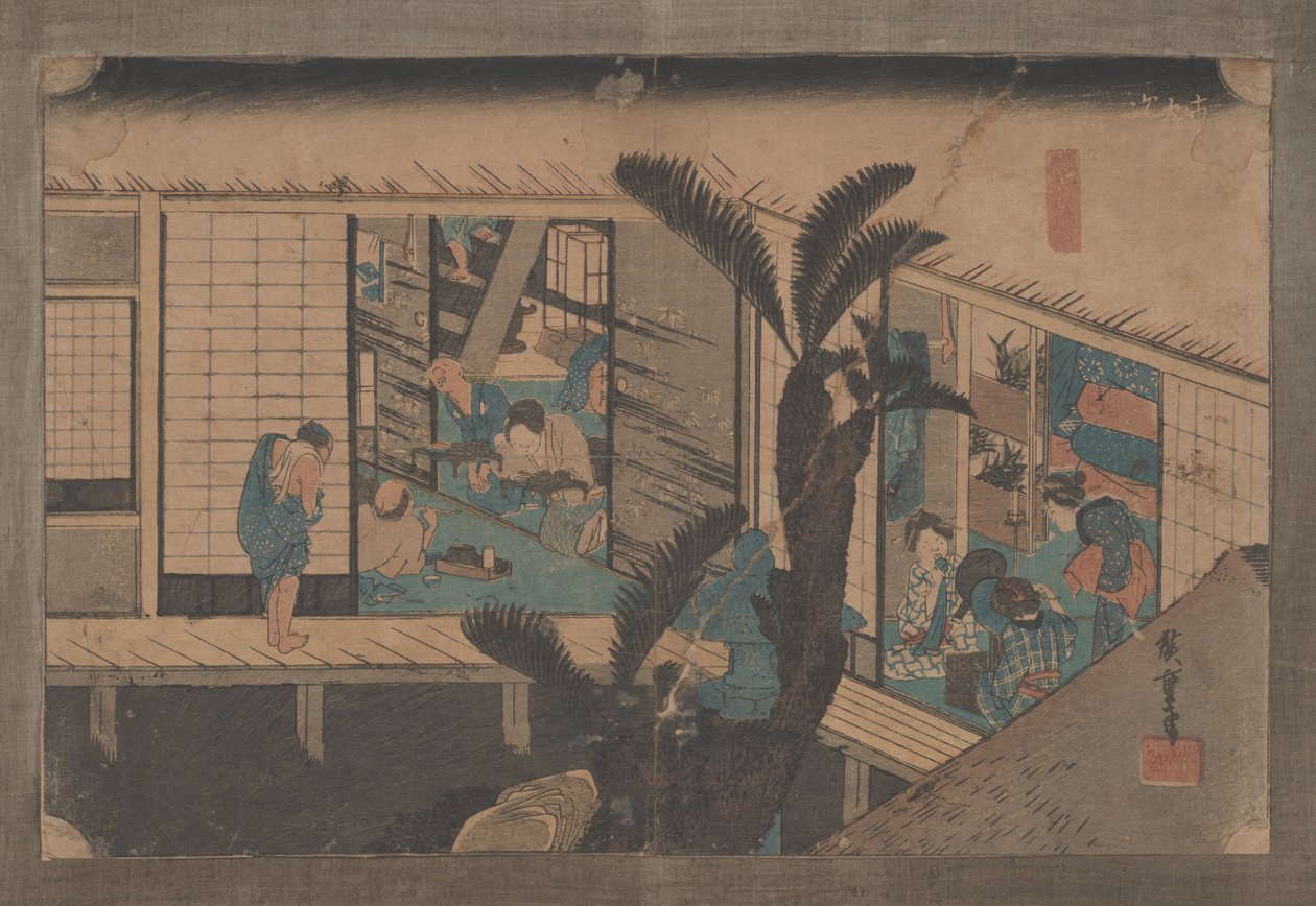 Nro 37 "Akasaka: Majatalo palvelevilla piikailla" Tokaidon 53 asemalta, 1833 tekijältä Utagawa Hiroshige
