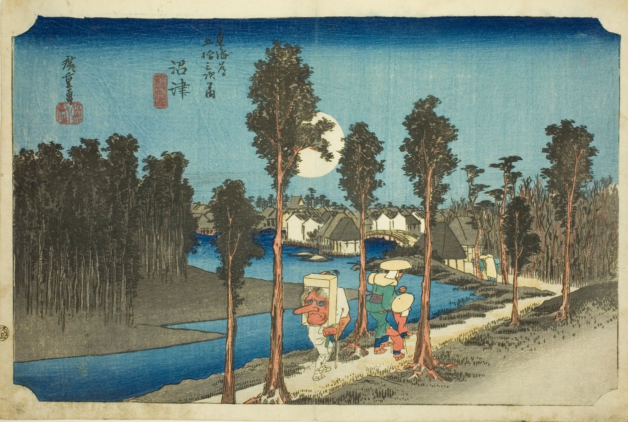 Numazu—Dusk (Numazu—tasogare zu), sarjasta Tōkaidō-tien viisikymmentäkolme asemaa (Tōkaidō gojūsan tsugi no uchi) tekijältä Utagawa Hiroshige