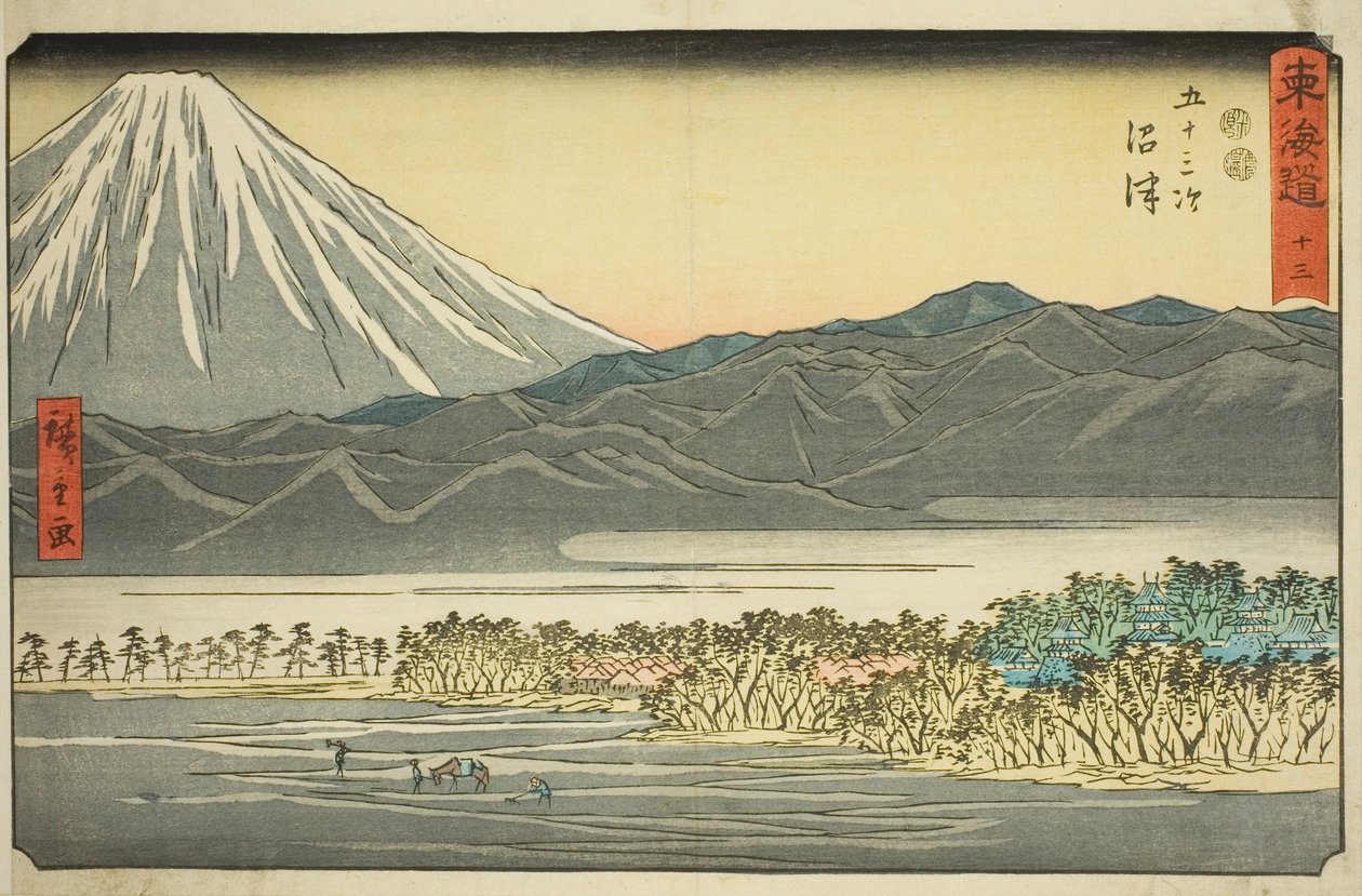 Numazu - Ei. 13, sarjasta "Fifty-three Stations of the Tokaido (Tokaido gojusan tsugi)", joka tunnetaan myös nimellä Reisho Tokaido tekijältä Utagawa Hiroshige