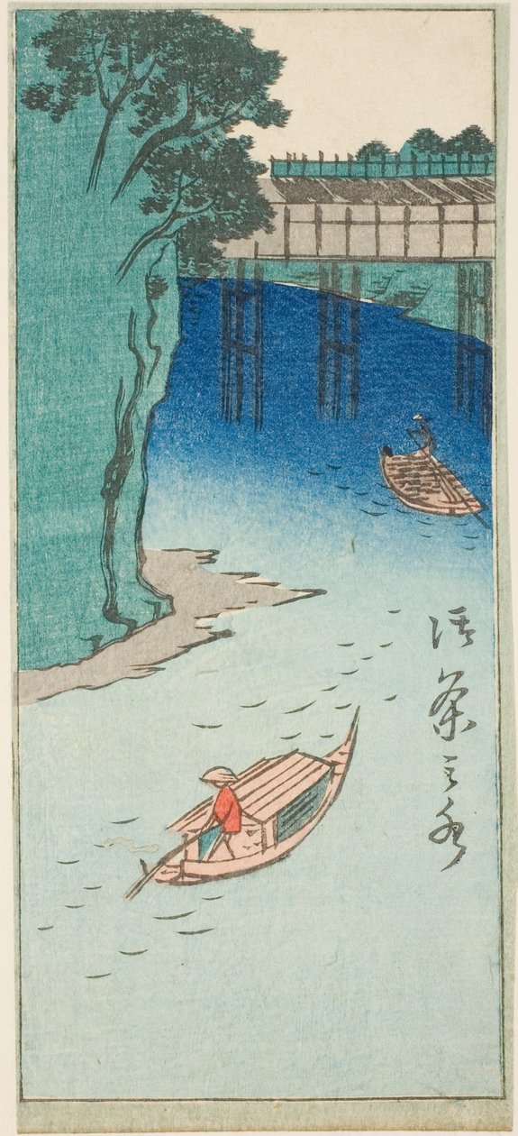Ochanomizu, osa arkista sarjasta "Leikkauskuvia Edon kuuluisista paikoista (Edo meisho harimaze zue)" tekijältä Utagawa Hiroshige