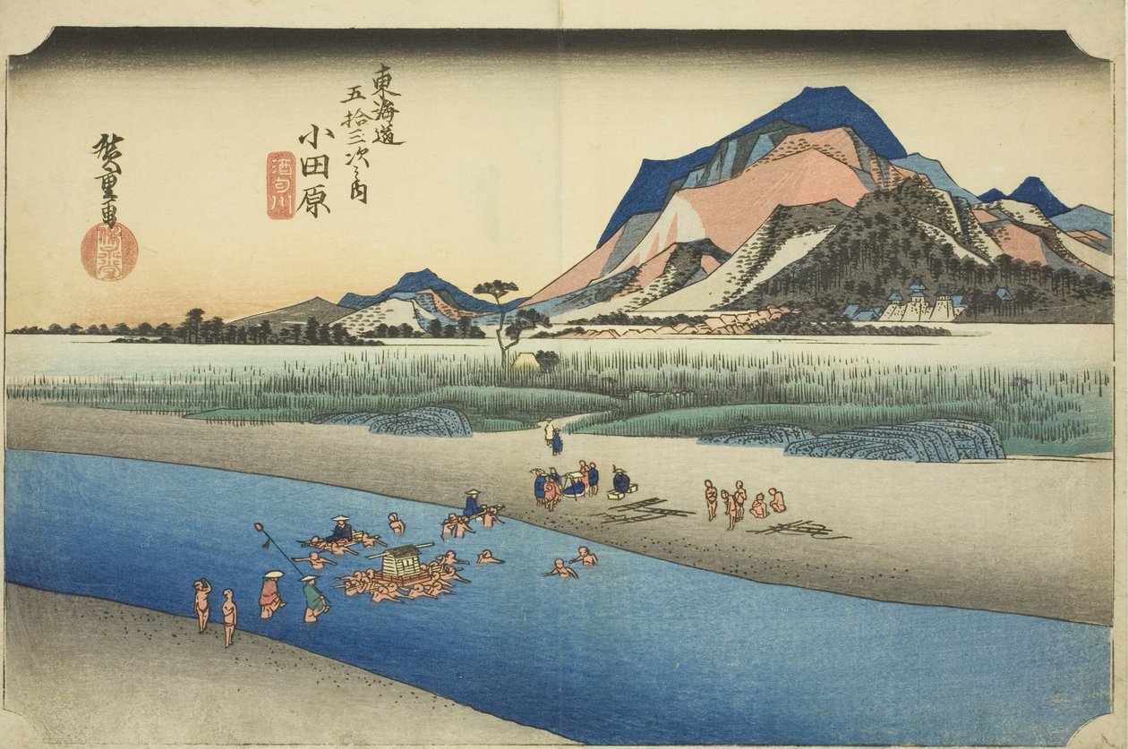 Odawara: Sakawa-joki (Odawara, Sakawagawa), sarjasta "Tokaido Roadin viisikymmentäkolme asemaa (Tokaido gojusan tsugi no uchi)," tunnetaan myös nimellä Hoeido Tokaido tekijältä Utagawa Hiroshige