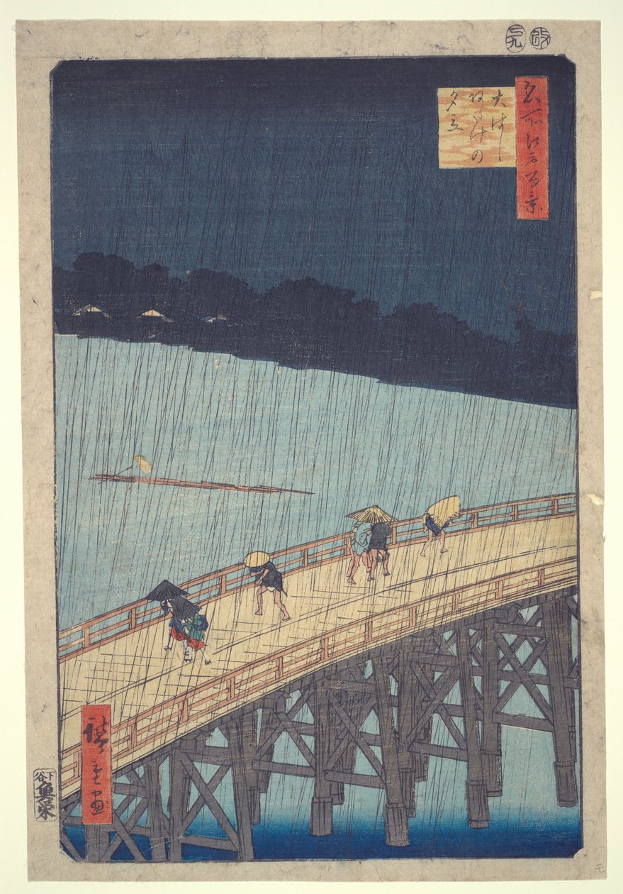 Ōhashi-silta, äkillinen sadekuuro Atakessa, sarjasta ”Edon sata kuuluisaa näkymää” tekijältä Utagawa Hiroshige