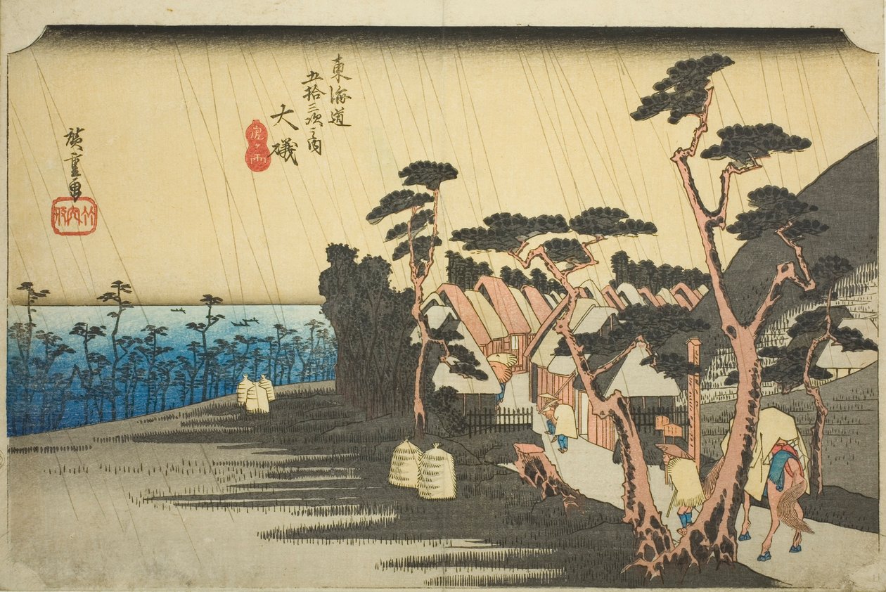 Oiso: Oiso, Tora ga ame (Oiso, Tora ga ame), sarjasta "Tokaidon tien 53 asemaa (Tokaido gojusan tsugi no uchi)", joka tunnetaan myös nimellä Hoeido Tokaido. tekijältä Utagawa Hiroshige