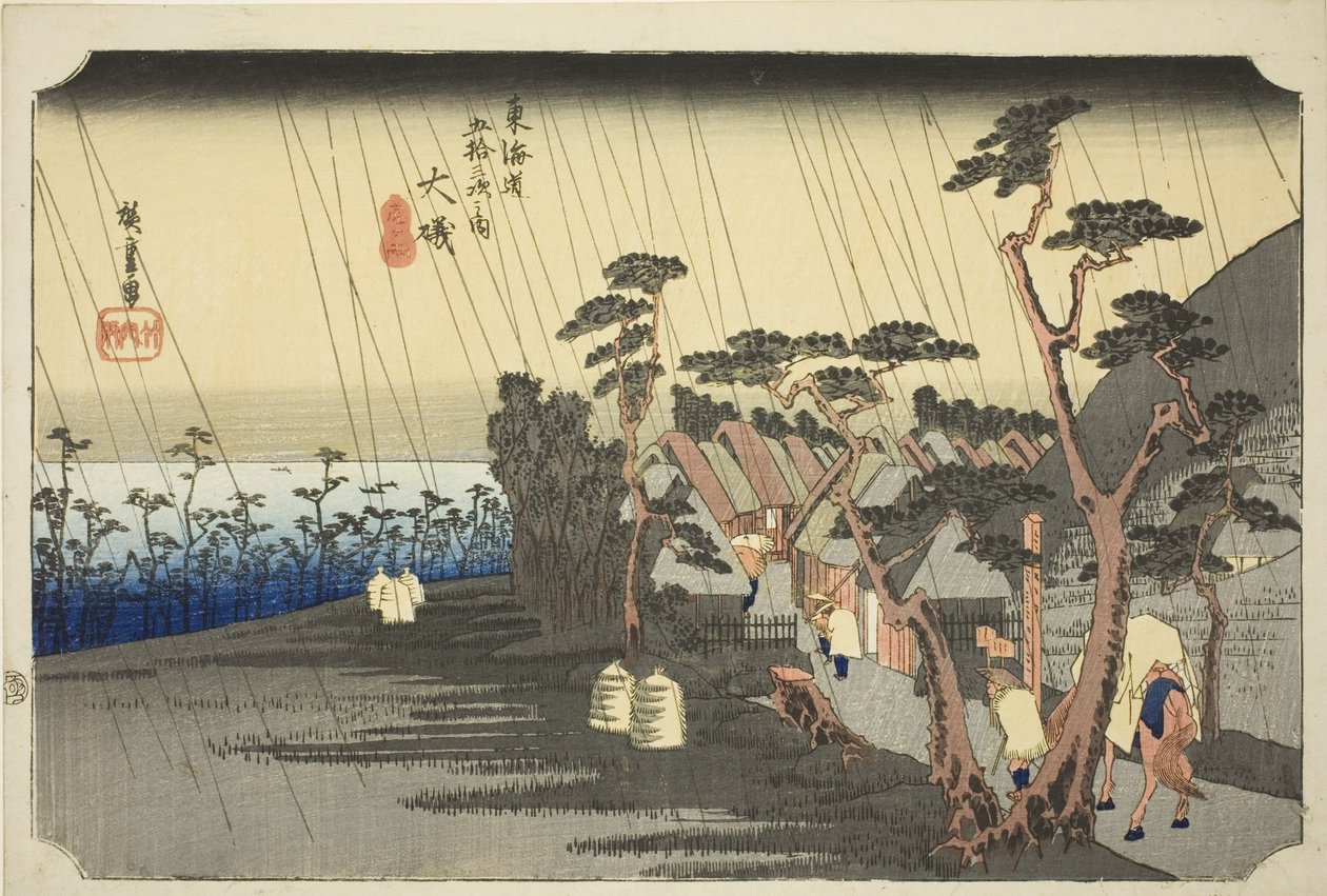 Oiso: Oiso, Tora ga ame (Oiso, Tora ga ame), sarjasta "Tokaidon tien 53 asemaa (Tokaido gojusan tsugi no uchi)", joka tunnetaan myös nimellä Hoeido Tokaido. tekijältä Utagawa Hiroshige