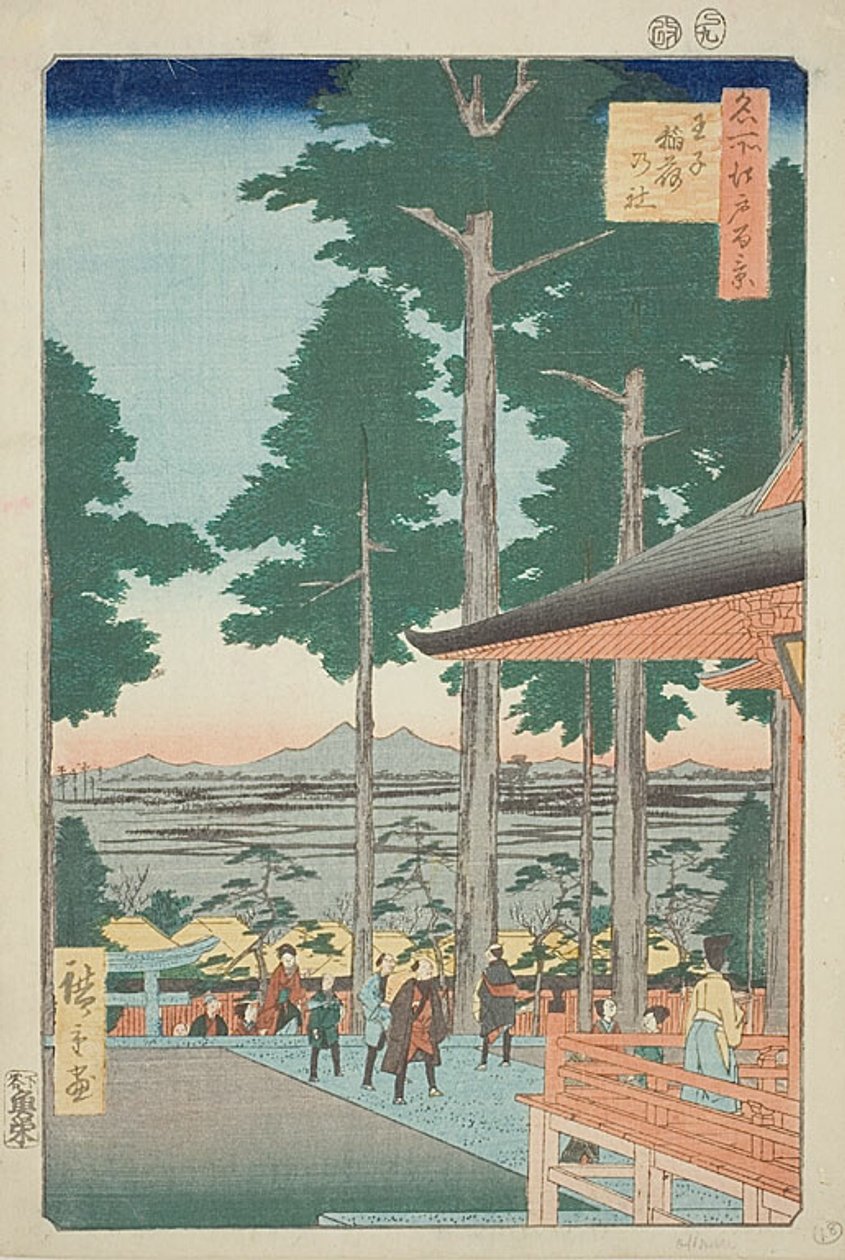 Oji Inarin pyhäkkö (Oji Inari no yashiro), nro 18 sarjasta "Sata kuuluisaa näkymää Edosta (Meisho Edo hyakkei)". tekijältä Utagawa Hiroshige